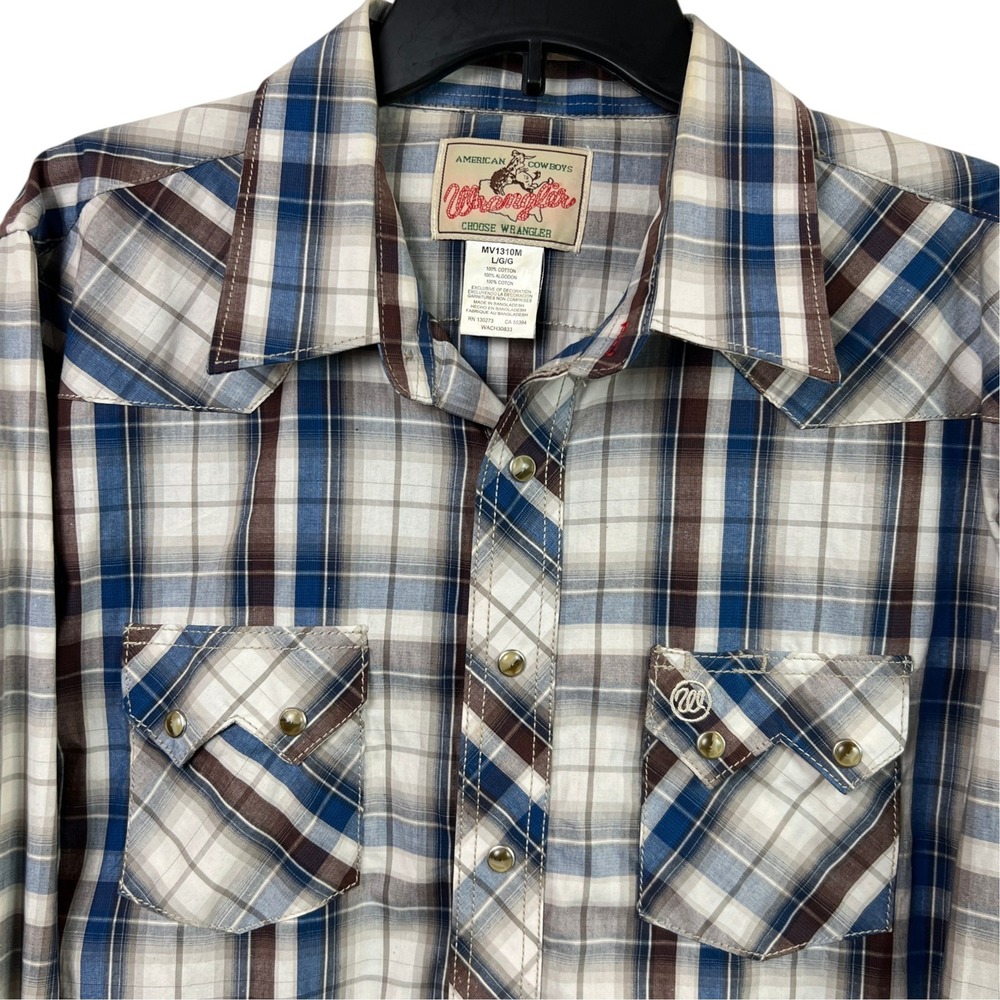 Wrangler Western Shirt Mens Large Pearl Snap Plaid Long Sleeve Blue Brown Rodeo